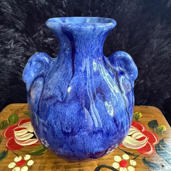 Signed McCoy 474 brush cobalt Blue Jardeniere Ceramic Swan Vase Handles Decor - Picture 7 of 7